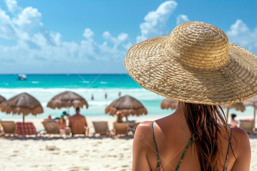 Mulher na praia com chapéu de palha