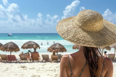 Mulher sorridente em Cancún aproveitando o paraíso tropical