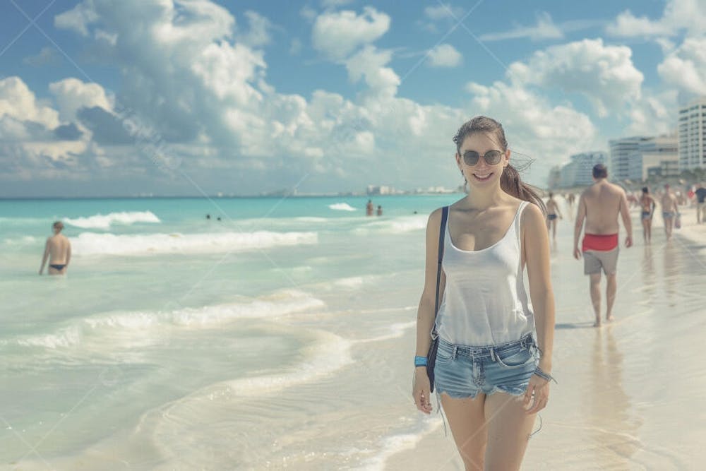 Mulher sorridente em Cancún aproveitando o paraíso tropical