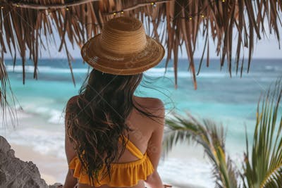 Mulher sorridente em Cancún aproveitando o paraíso tropical