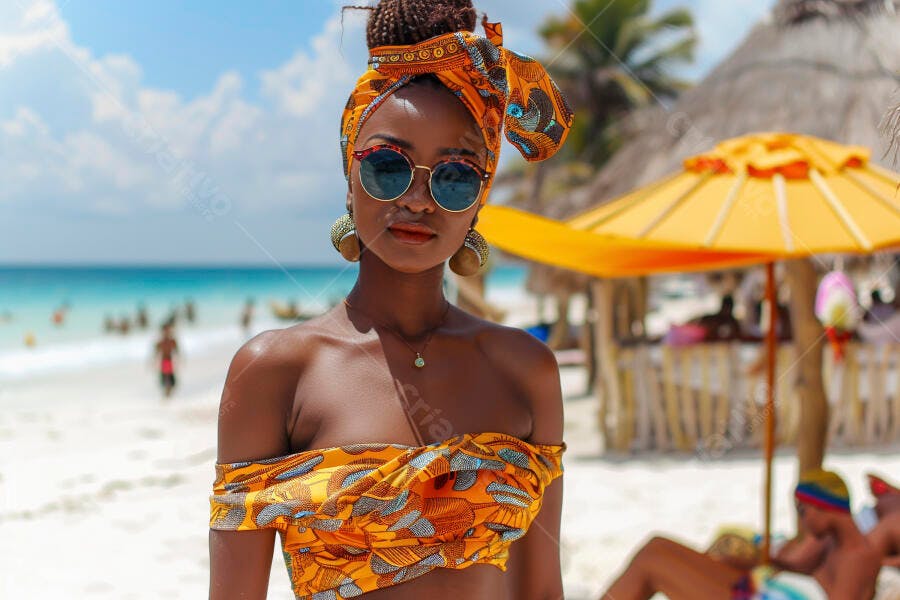 Mulher negra na praia com top amarelo