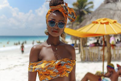 Mulher sorridente em Cancún aproveitando o paraíso tropical