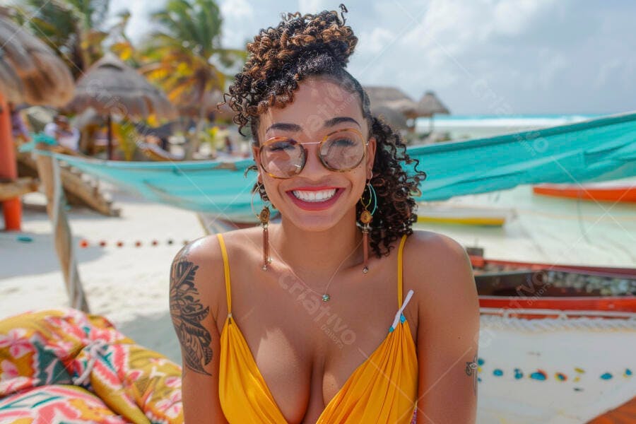 Mulher sorridente na praia com vestido amarelo