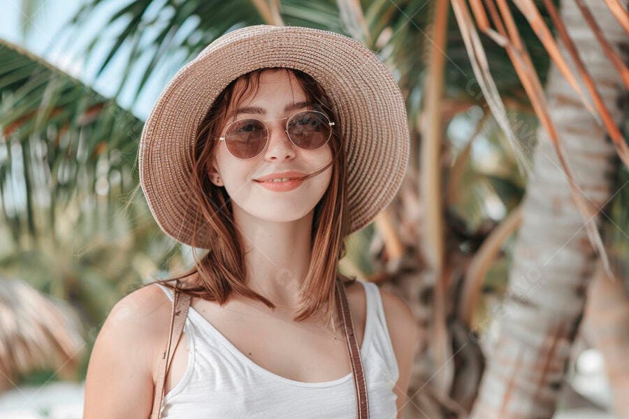 Mulher sorridente com chapéu de palha em praia tropical