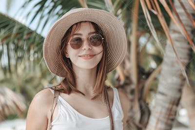 Mulher sorridente em Cancún aproveitando o paraíso tropical