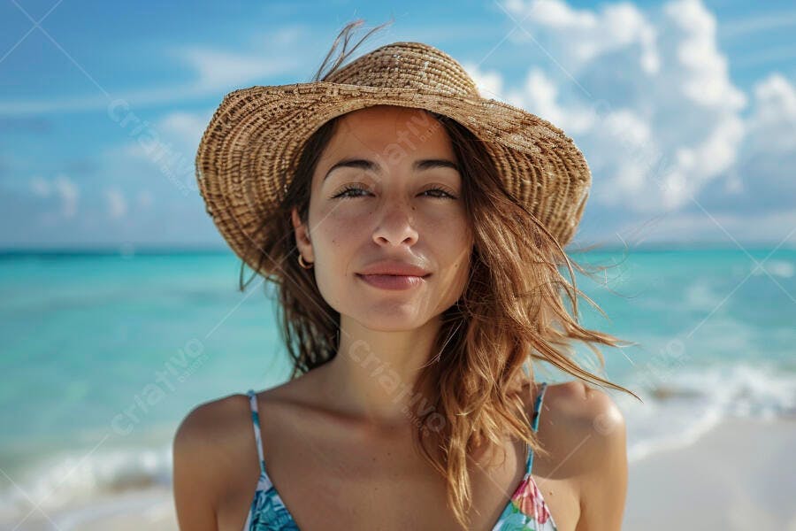 Mulher na praia com chapéu de palha