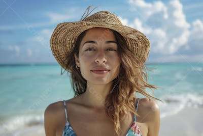 Mulher sorridente em Cancún aproveitando o paraíso tropical