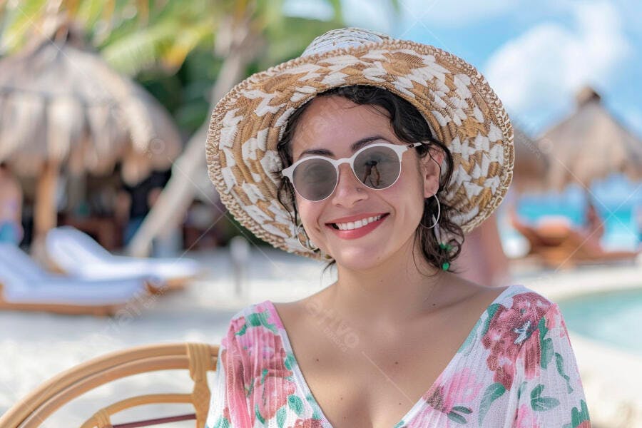Mulher sorridente em praia paradisíaca