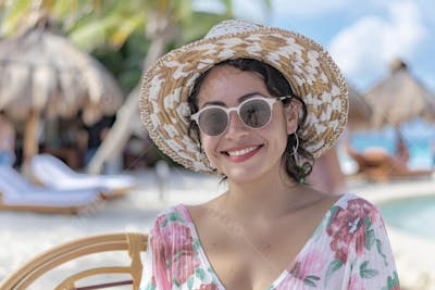 Mulher sorridente em Cancún aproveitando o paraíso tropical