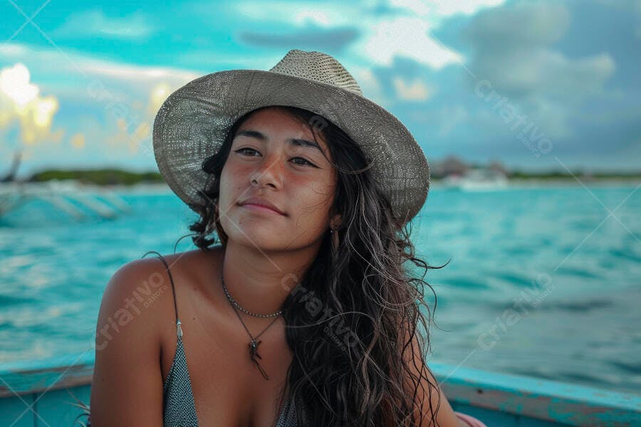 Mulher em barco chapéu de palha mar turquesa