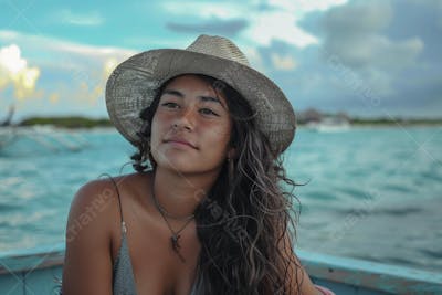 Mulher sorridente em Cancún aproveitando o paraíso tropical
