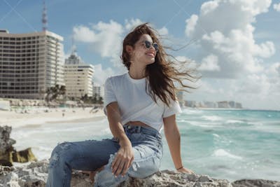 Mulher sorridente em Cancún aproveitando o paraíso tropical