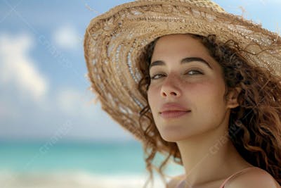 Mulher sorridente em Cancún aproveitando o paraíso tropical