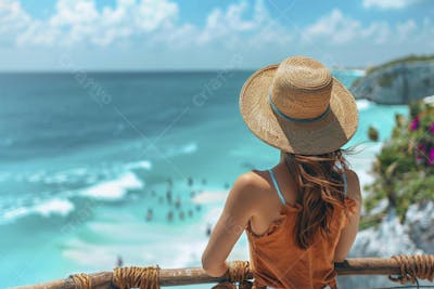 Mulher sorridente em Cancún aproveitando o paraíso tropical