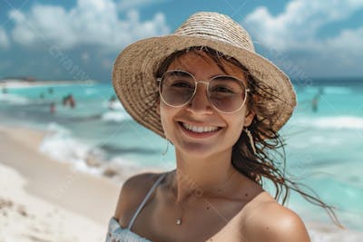Mulher sorridente em Cancún aproveitando o paraíso tropical