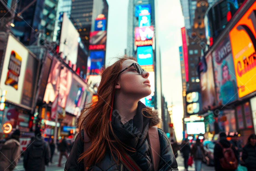 Mulher em Times Square admirando luzes