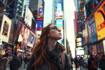 Mulher explorando Nova York entre as luzes vibrantes da cidade