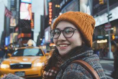 Mulher explorando Nova York entre as luzes vibrantes da cidade