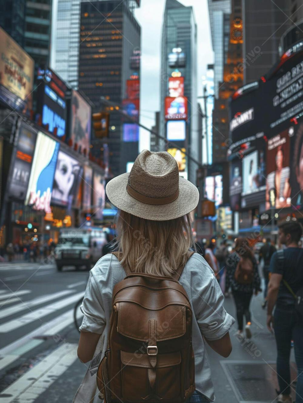 Mulher explorando Nova York entre as luzes vibrantes da cidade
