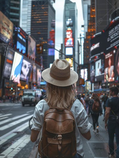 Mulher explorando Nova York entre as luzes vibrantes da cidade