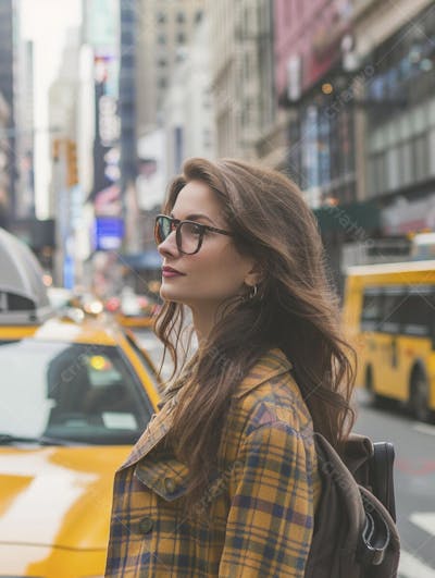 Mulher explorando Nova York entre as luzes vibrantes da cidade