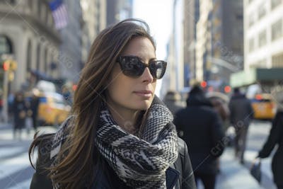 Mulher explorando Nova York entre as luzes vibrantes da cidade