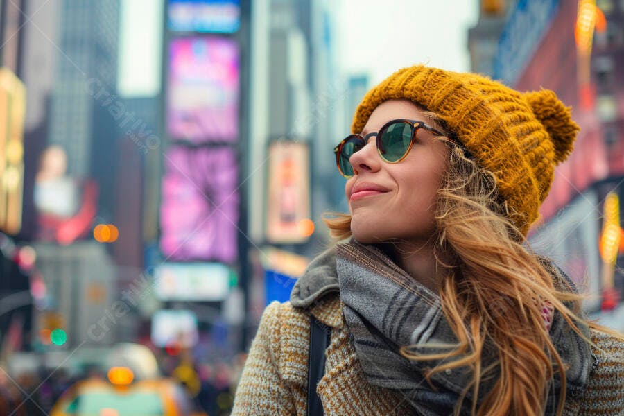 Mulher em Times Square chapéu amarelo