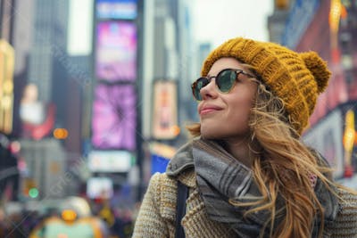 Mulher explorando Nova York entre as luzes vibrantes da cidade
