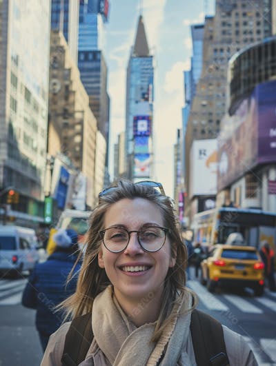 Mulher explorando Nova York entre as luzes vibrantes da cidade