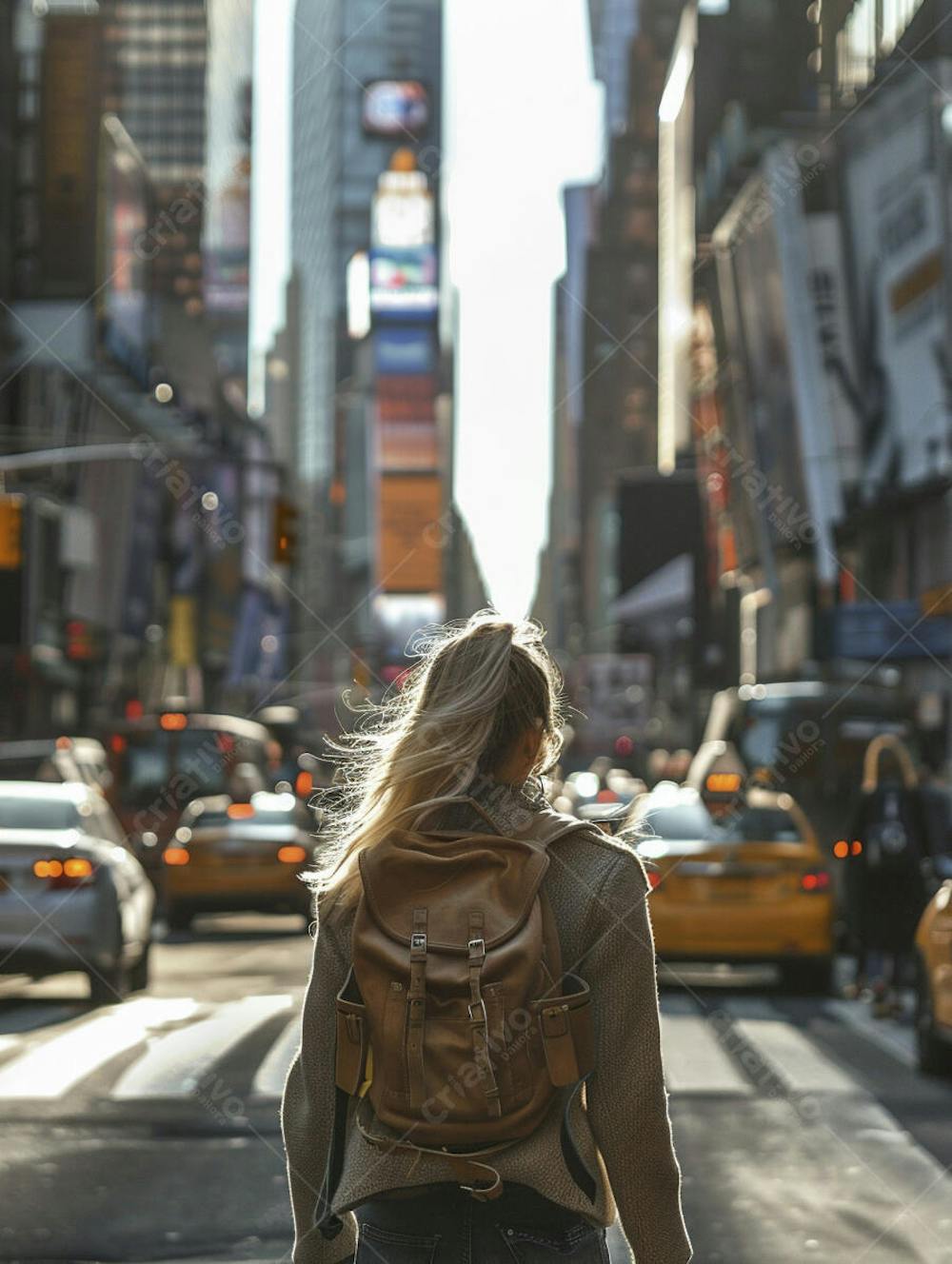Mulher explorando Nova York entre as luzes vibrantes da cidade