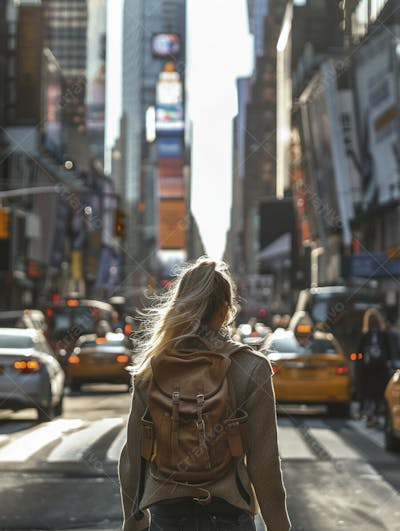 Mulher explorando Nova York entre as luzes vibrantes da cidade