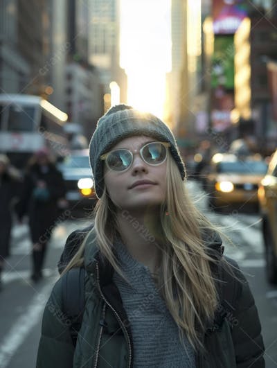 Mulher explorando Nova York entre as luzes vibrantes da cidade
