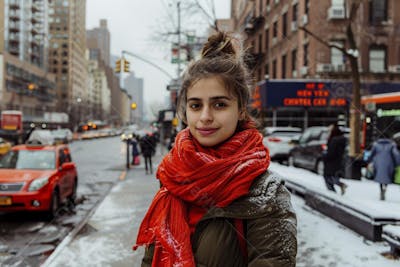 Mulher explorando Nova York entre as luzes vibrantes da cidade
