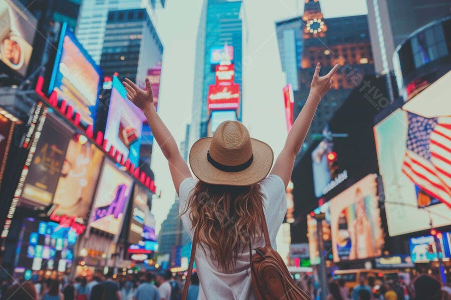 Mulher em Times Square braços abertos