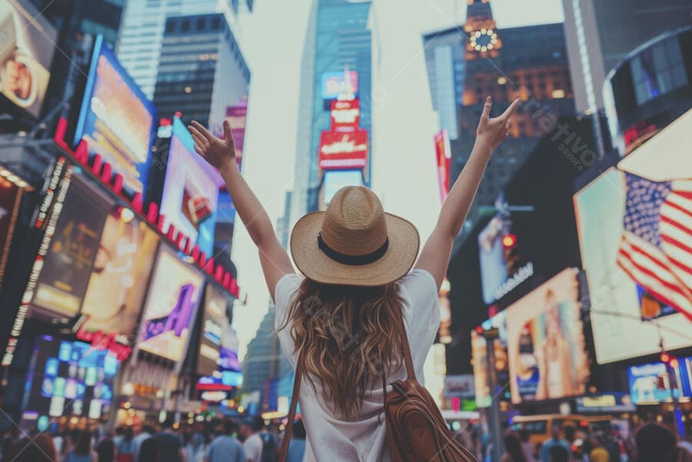 Mulher explorando Nova York entre as luzes vibrantes da cidade
