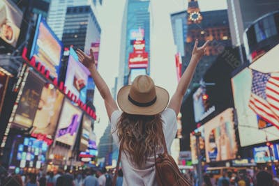 Mulher explorando Nova York entre as luzes vibrantes da cidade