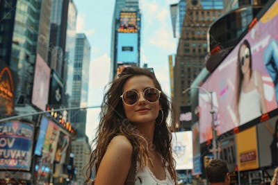 Mulher explorando Nova York entre as luzes vibrantes da cidade