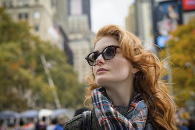 Mulher explorando Nova York entre as luzes vibrantes da cidade