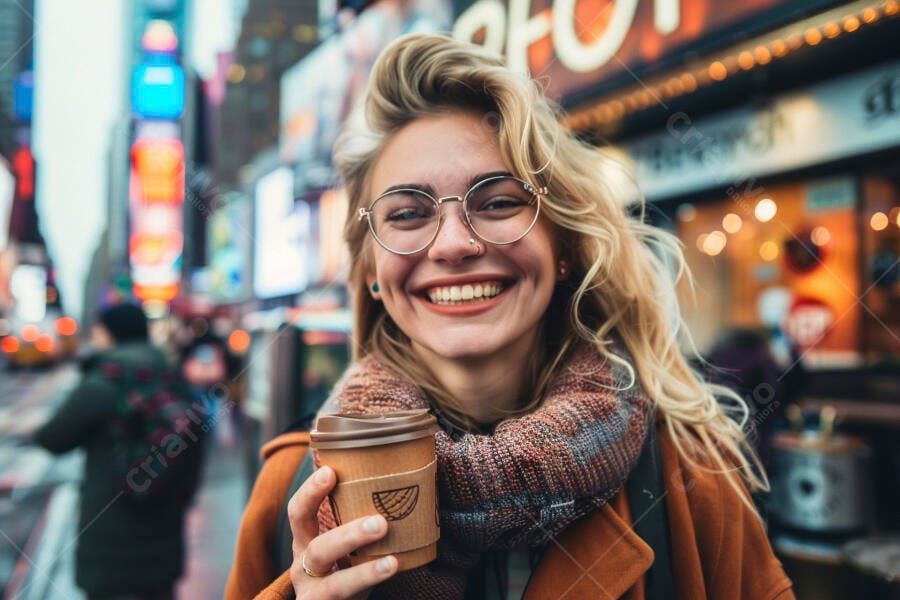 Mulher feliz com café em Nova York
