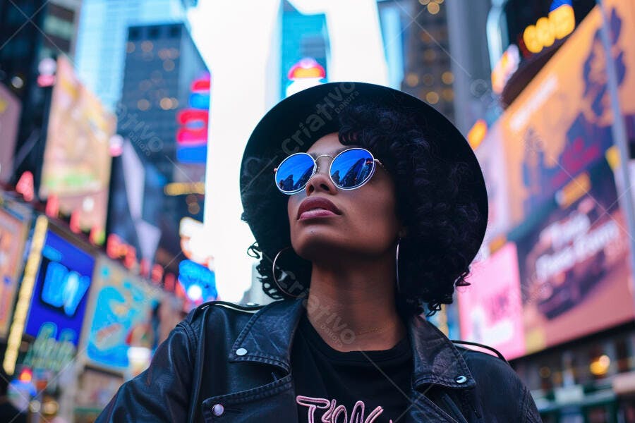 Mulher negra em Times Square óculos espelhados