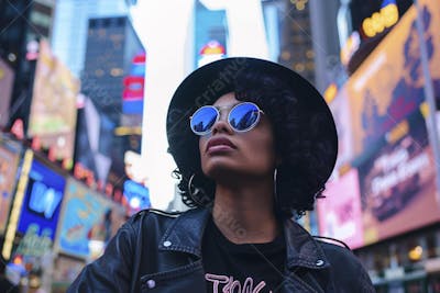 Mulher explorando Nova York entre as luzes vibrantes da cidade