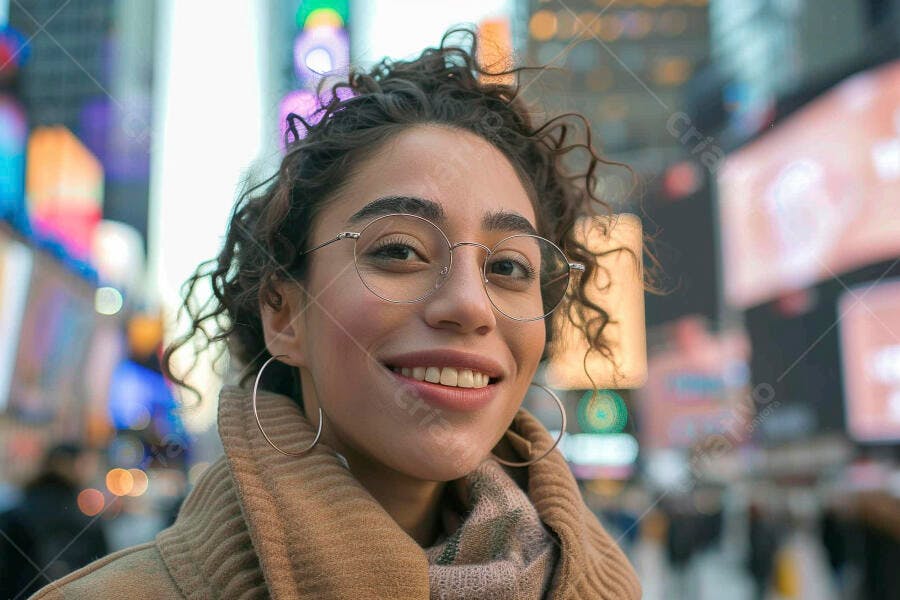 Mulher sorridente em Times Square Nova Iorque