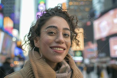 Mulher explorando Nova York entre as luzes vibrantes da cidade