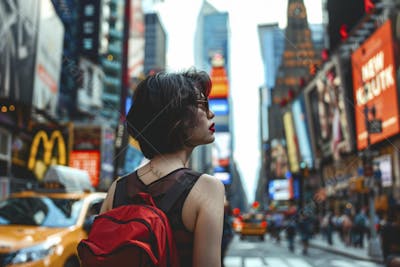 Mulher explorando Nova York entre as luzes vibrantes da cidade
