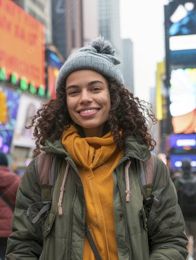 Mulher explorando Nova York entre as luzes vibrantes da cidade