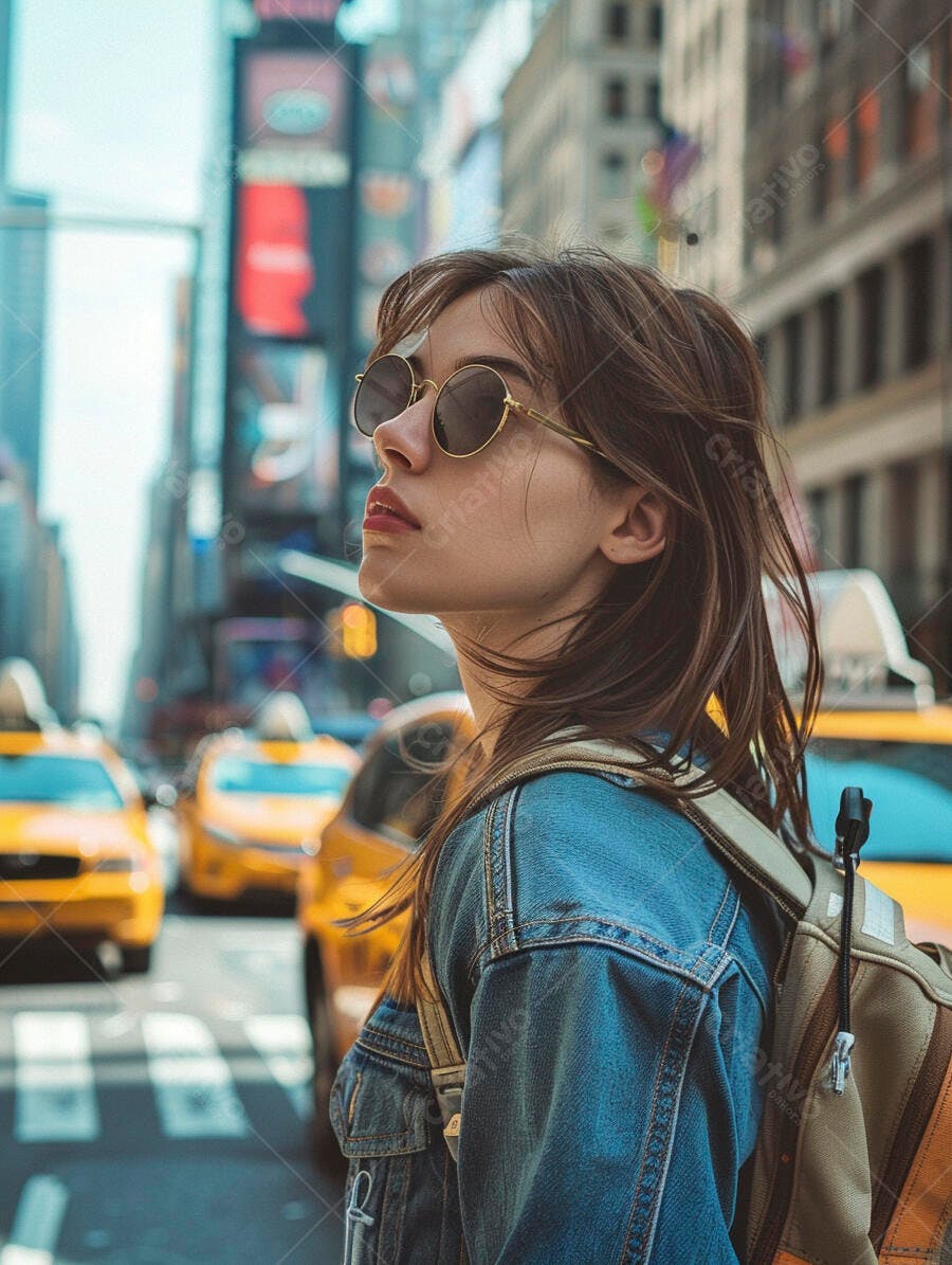 Moça com óculos escuros em rua de Nova York