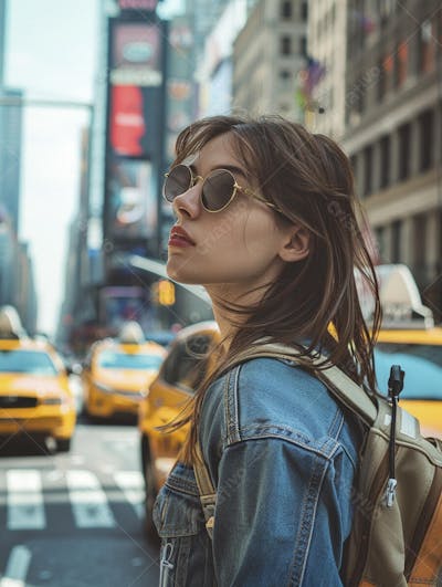 Mulher explorando Nova York entre as luzes vibrantes da cidade