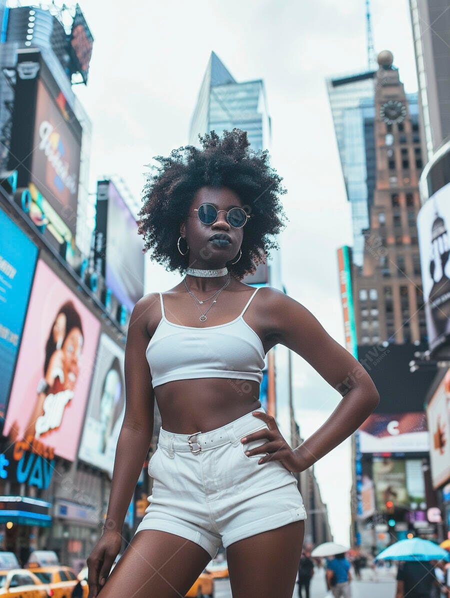 Mulher negra em Times Square vestindo branco