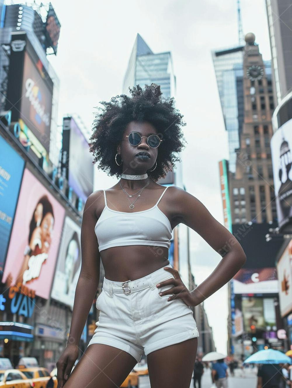 Mulher explorando Nova York entre as luzes vibrantes da cidade