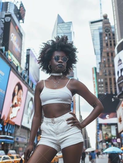 Mulher explorando Nova York entre as luzes vibrantes da cidade